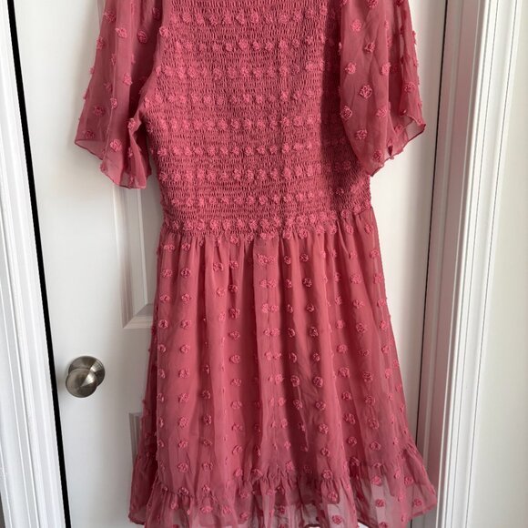 Beach Vacation Dress V Neck Short Sleeve Smocked Swiss Dot Casual Ruffle Mini - Picture 4 of 4